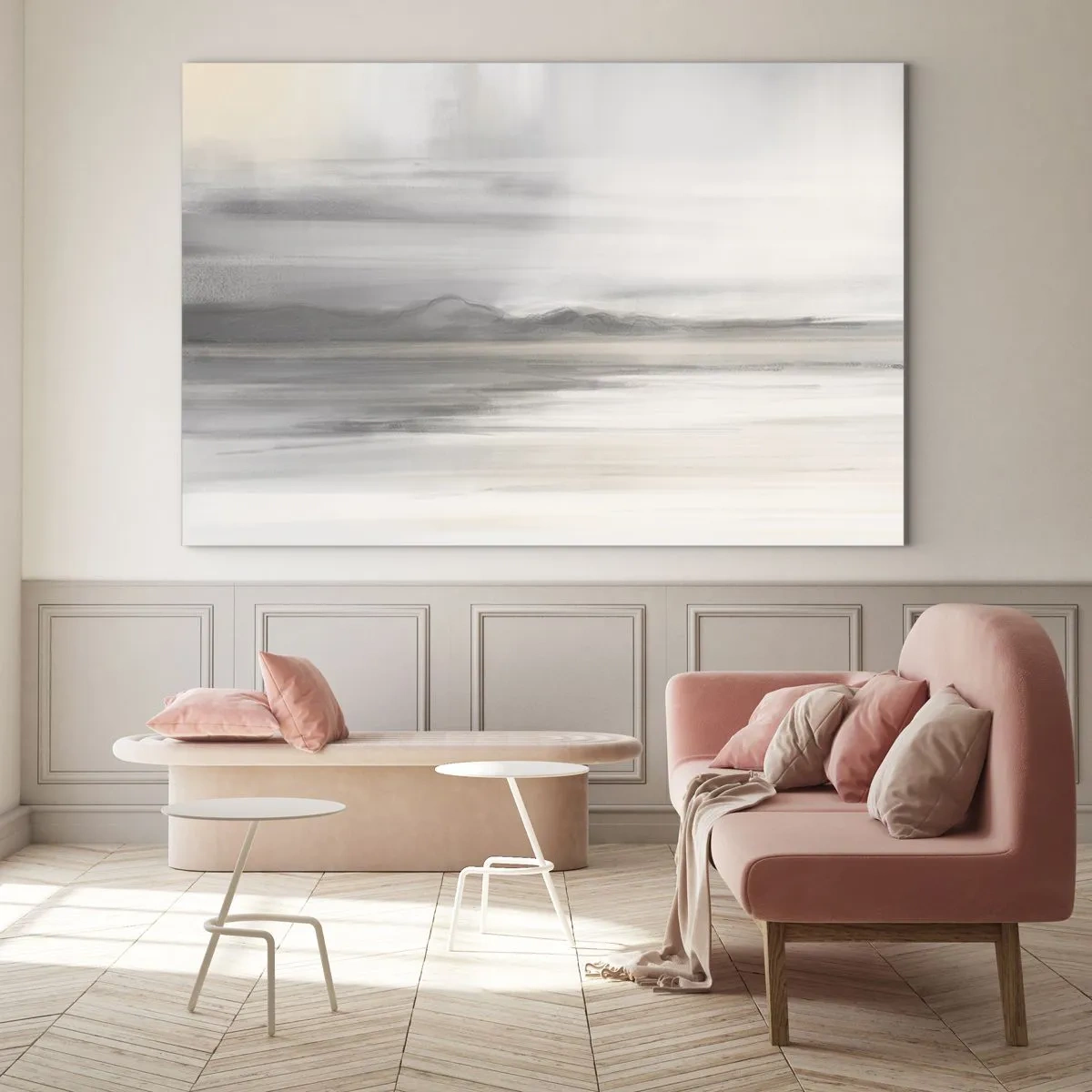 Glasbild - Bild auf glas - Ein zartes, unscharfes Bergpanorama in pastellgrauen Tönen - 70x50cm - Nachdenkliche Distanz - Moderne Wanddekoration für Wohnzimmer und Schlafzimmer ARTTOR