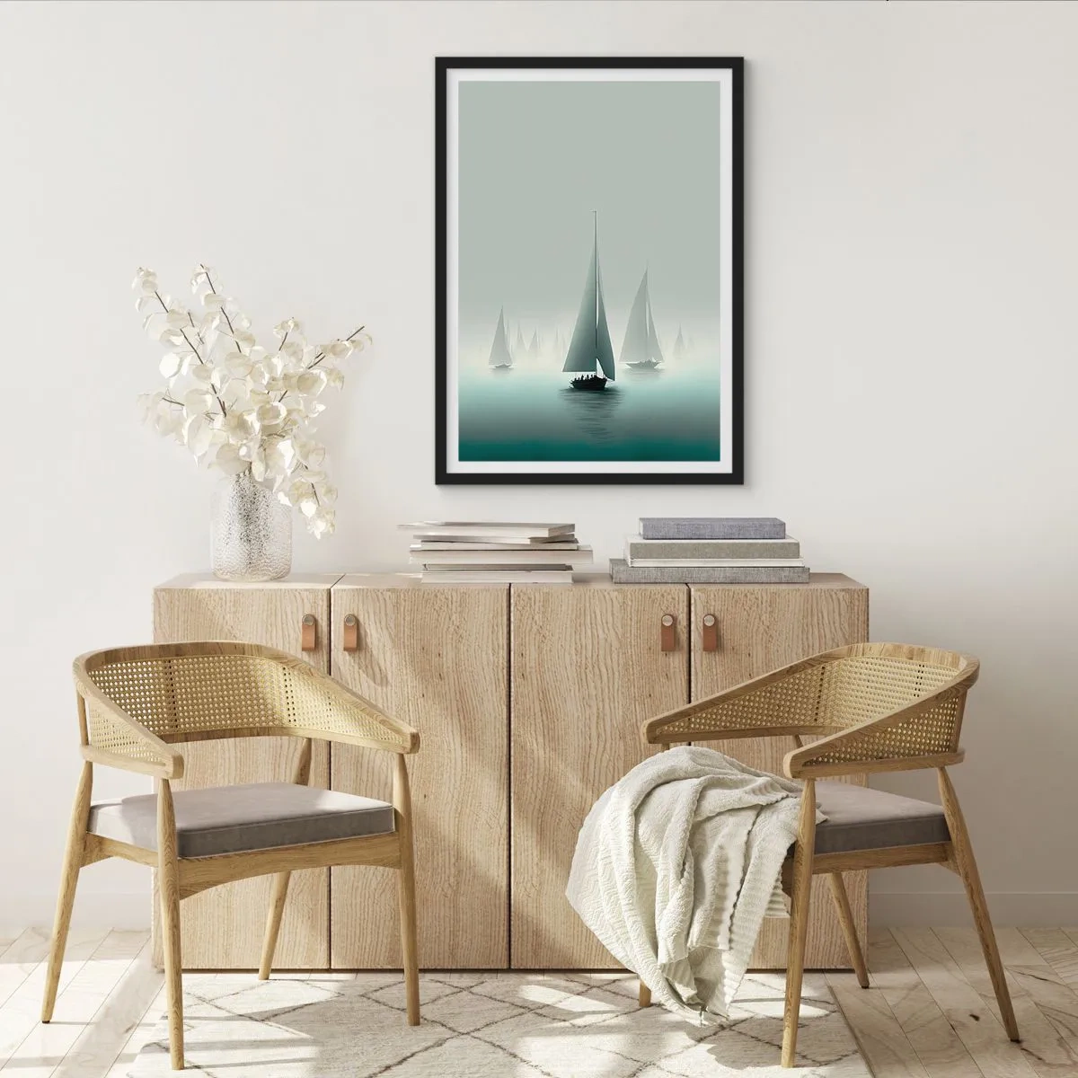 Poster in einem schwarzem Rahmen - Eine Gruppe von Segelbooten segelt auf einem nebligen Meer, umgeben von ruhigem Wasser. - 50x70cm - Aus Nebel - Moderne Wanddekoration für Wohnzimmer und Schlafzimmer ARTTOR
