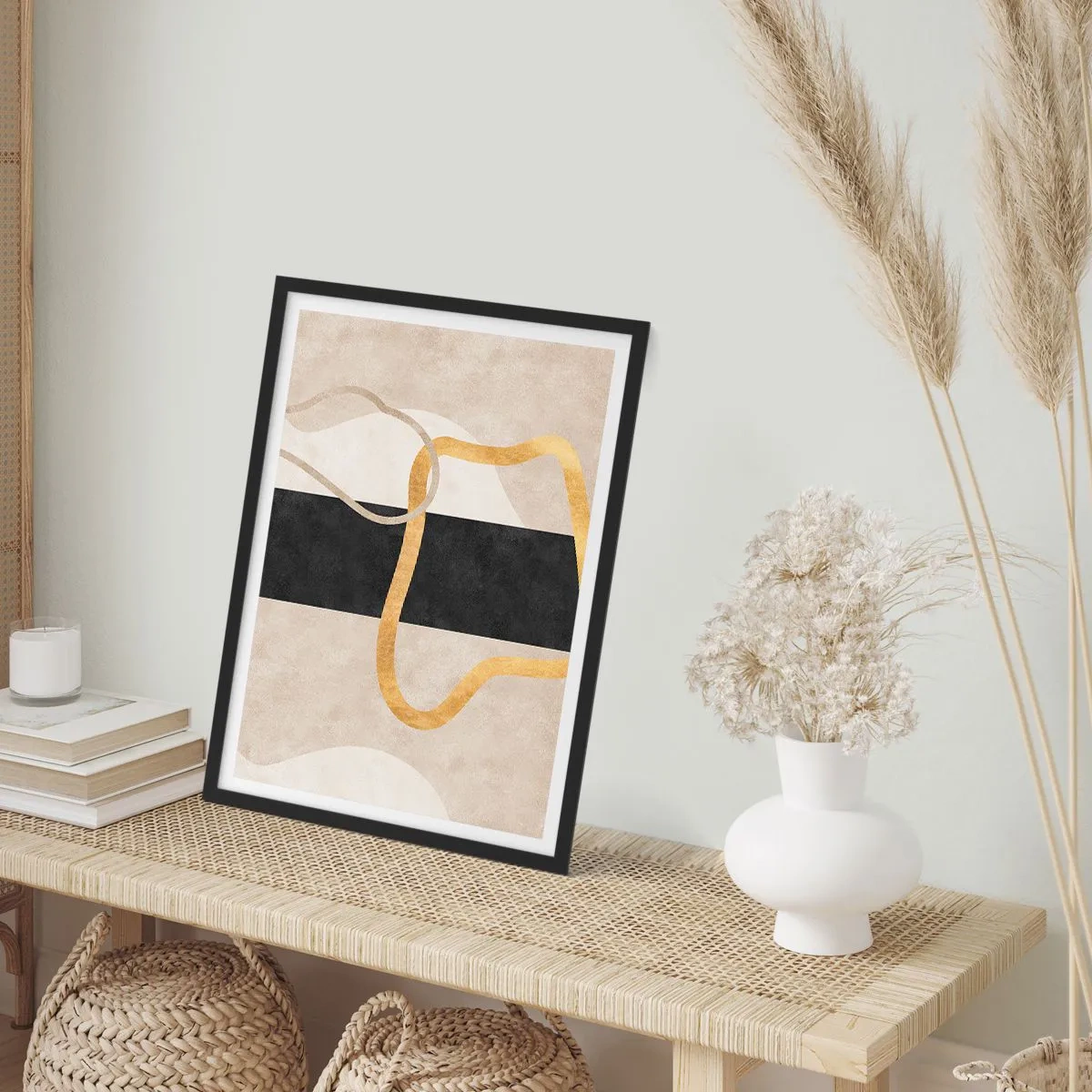 Poster in einem schwarzem Rahmen - Abstrakte Komposition mit Schwarz, Gold und neutralem Hintergrund - 50x70cm - Schleifenformen - Moderne Wanddekoration für Wohnzimmer und Schlafzimmer ARTTOR