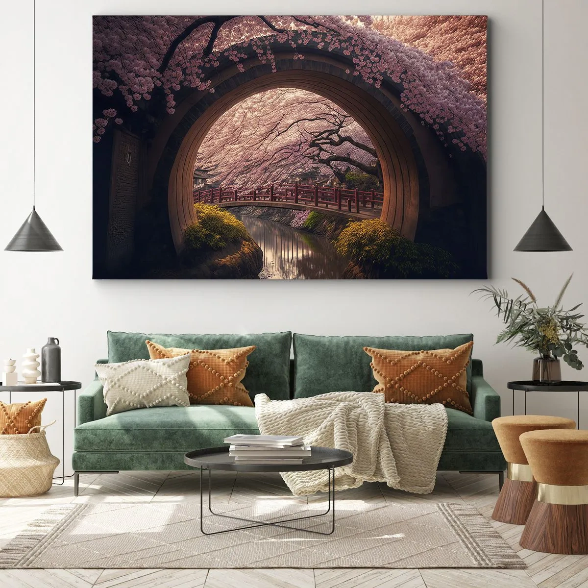 Bild auf Leinwand - Leinwandbild - Eine traditionelle japanische Brücke, umgeben von Kirschblüten - 70x50cm - Japanischer Frühling - Moderne Wanddekoration für Wohnzimmer und Schlafzimmer ARTTOR