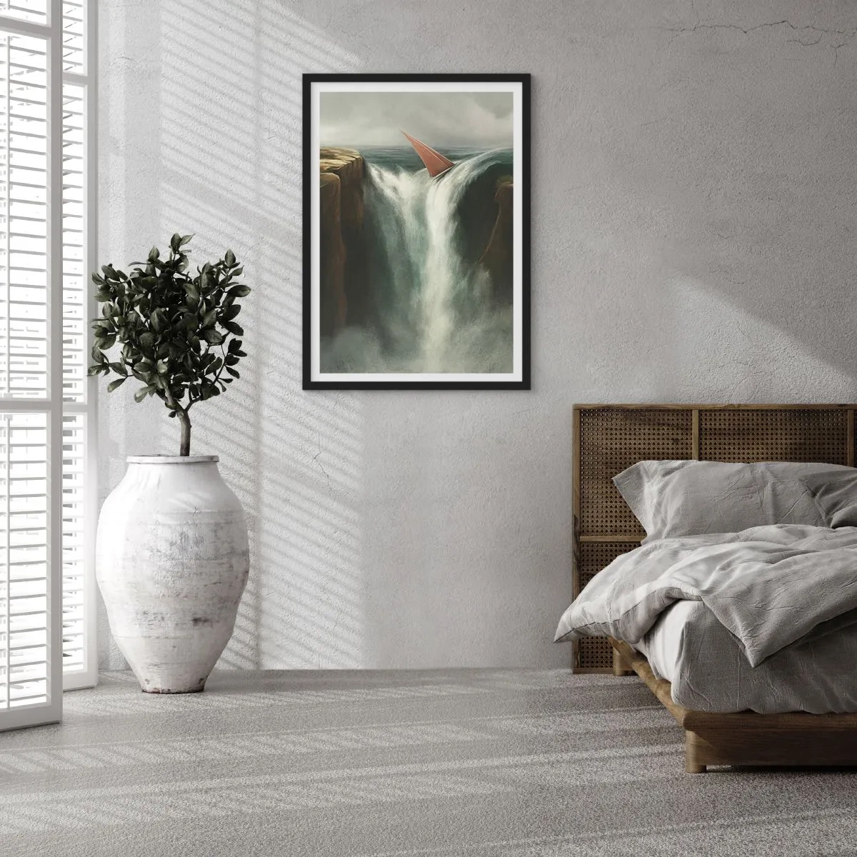Poster in einem schwarzem Rahmen - Ein Segelboot stürzt in einer surrealen Landschaft über einen Wasserfall. - 50x70cm - Warnung des Lebens - Moderne Wanddekoration für Wohnzimmer und Schlafzimmer ARTTOR
