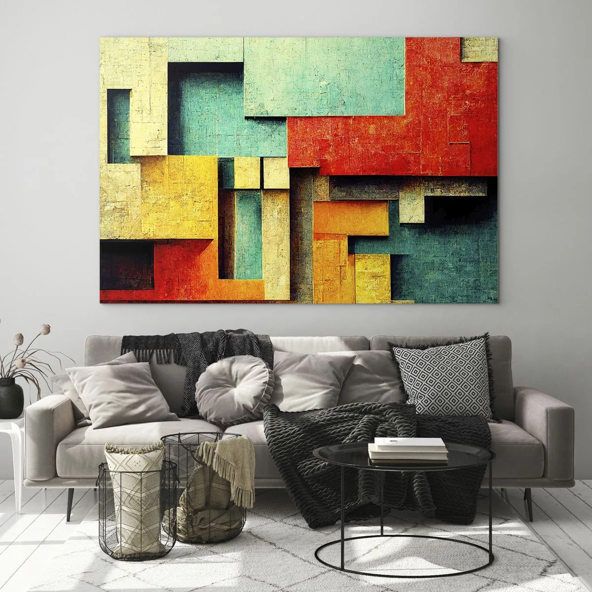 Glasbild - Bild auf glas - Bunte geometrische Abstraktion aus Rechtecken - 70x50cm - Festival der rechten Winkel - Moderne Wanddekoration für Wohnzimmer und Schlafzimmer ARTTOR